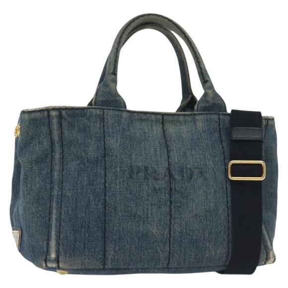 PRADA Canapa PM Hand Bag Denim Blue Gold - Picture 1 of 9